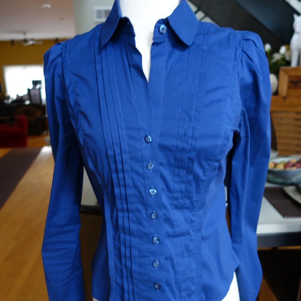 Just Cavalli blue blouse size small $380 puffed sleeves pleats Roberto Cavalli - Picture 1 of 12